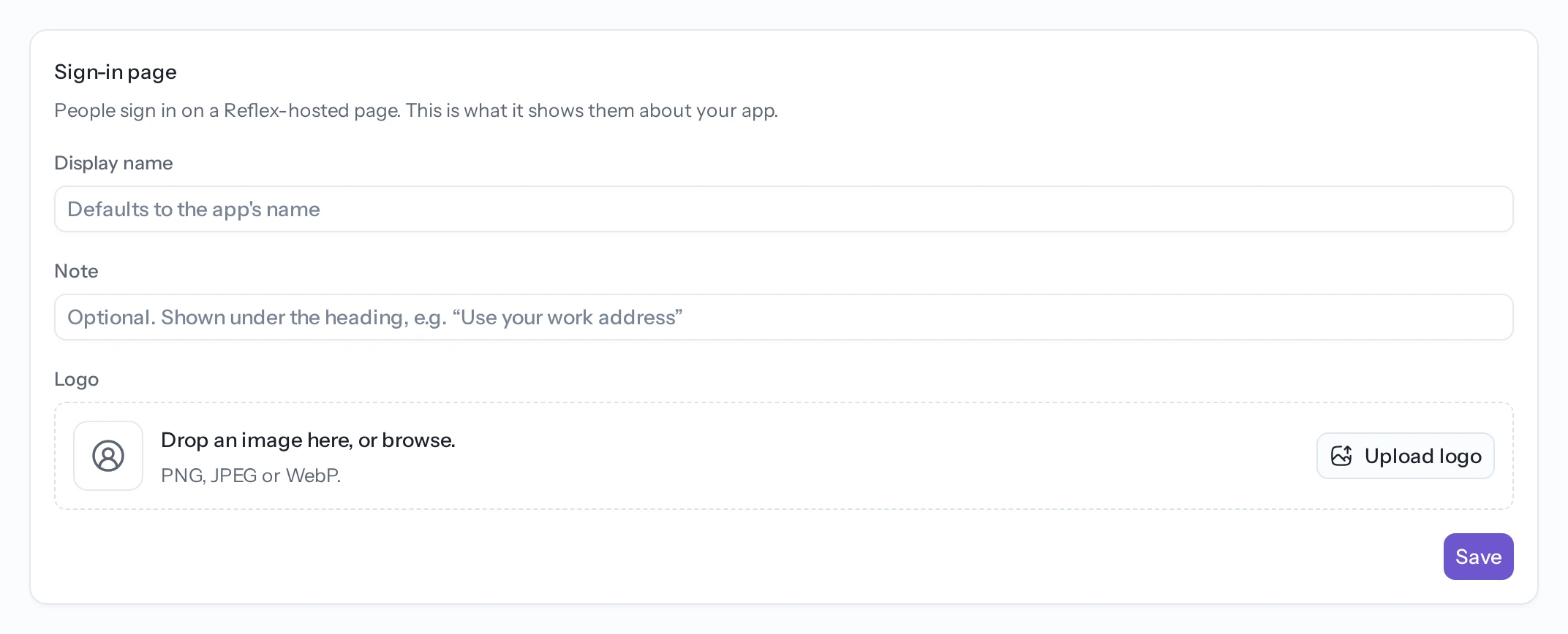 The 'Sign-in page' section of the Auth tab, with a Display name field defaulting to the app's name, a Note field showing the placeholder about using a work address, an empty logo drop area with an Upload logo button, and a Save button.