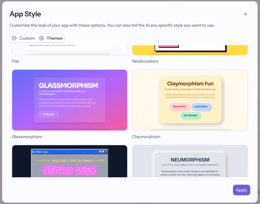 The Reflex Themes panel in Reflex Build, showing preset styles like Glassmorphism, Claymorphism, and Neumorphism as live previews.