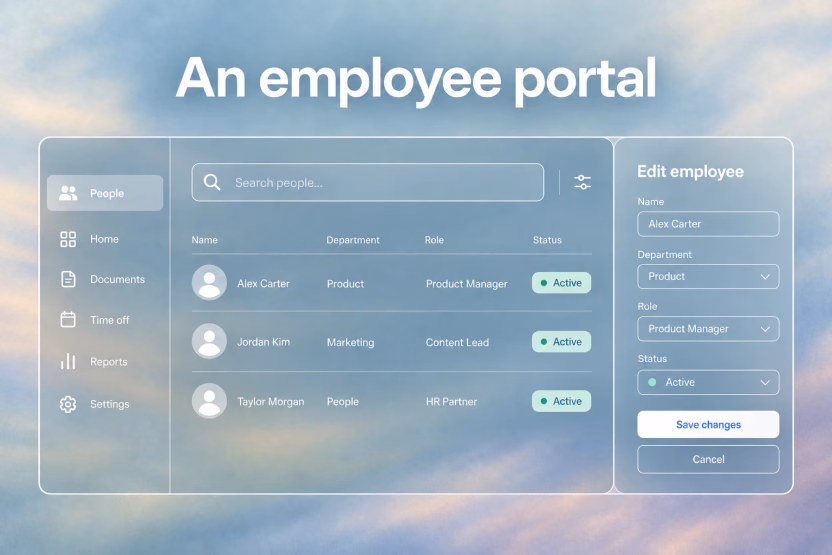 Illustrative employee portal with a people table, search, and editing panel.