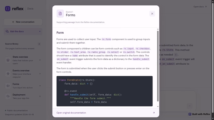 A citation opens a dialog containing the original Forms passage, its code example, and a link to the documentation