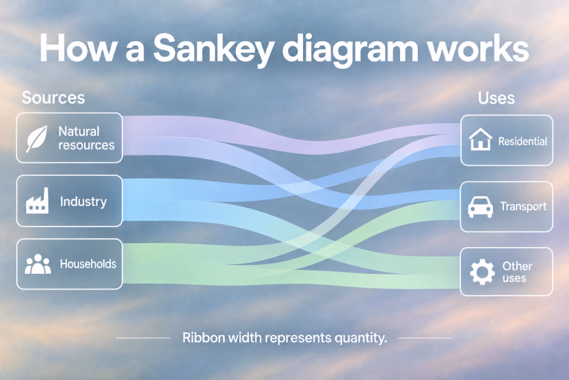 Illustrative Sankey diagram: ribbon width represents the quantity flowing from sources to uses.