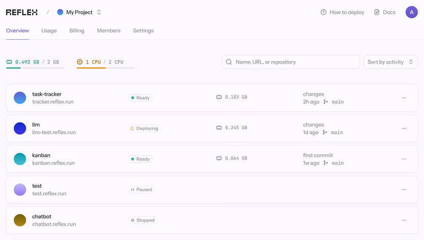 Reflex Cloud hosting dashboard