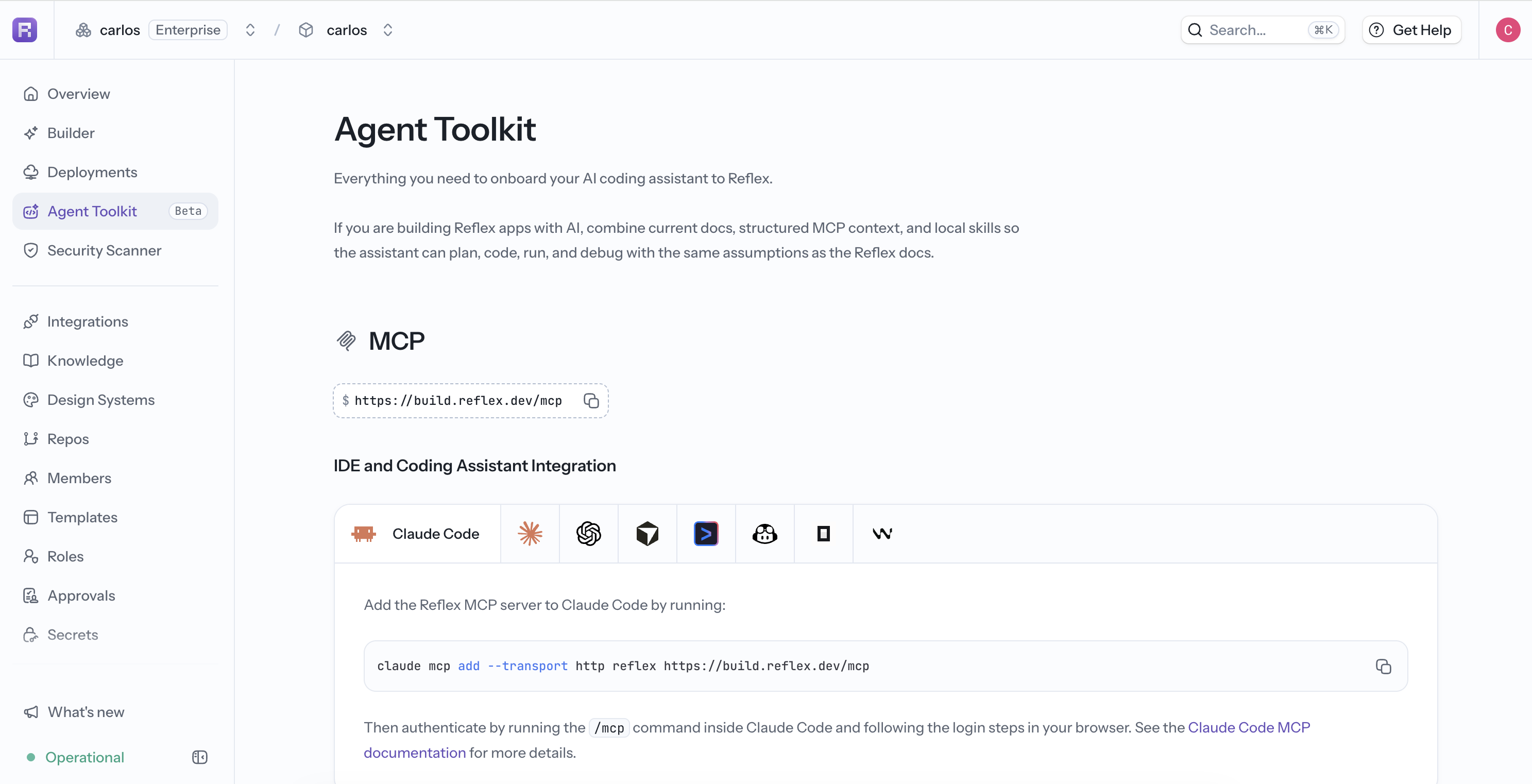 Agent Toolkit MCP and coding assistant setup options