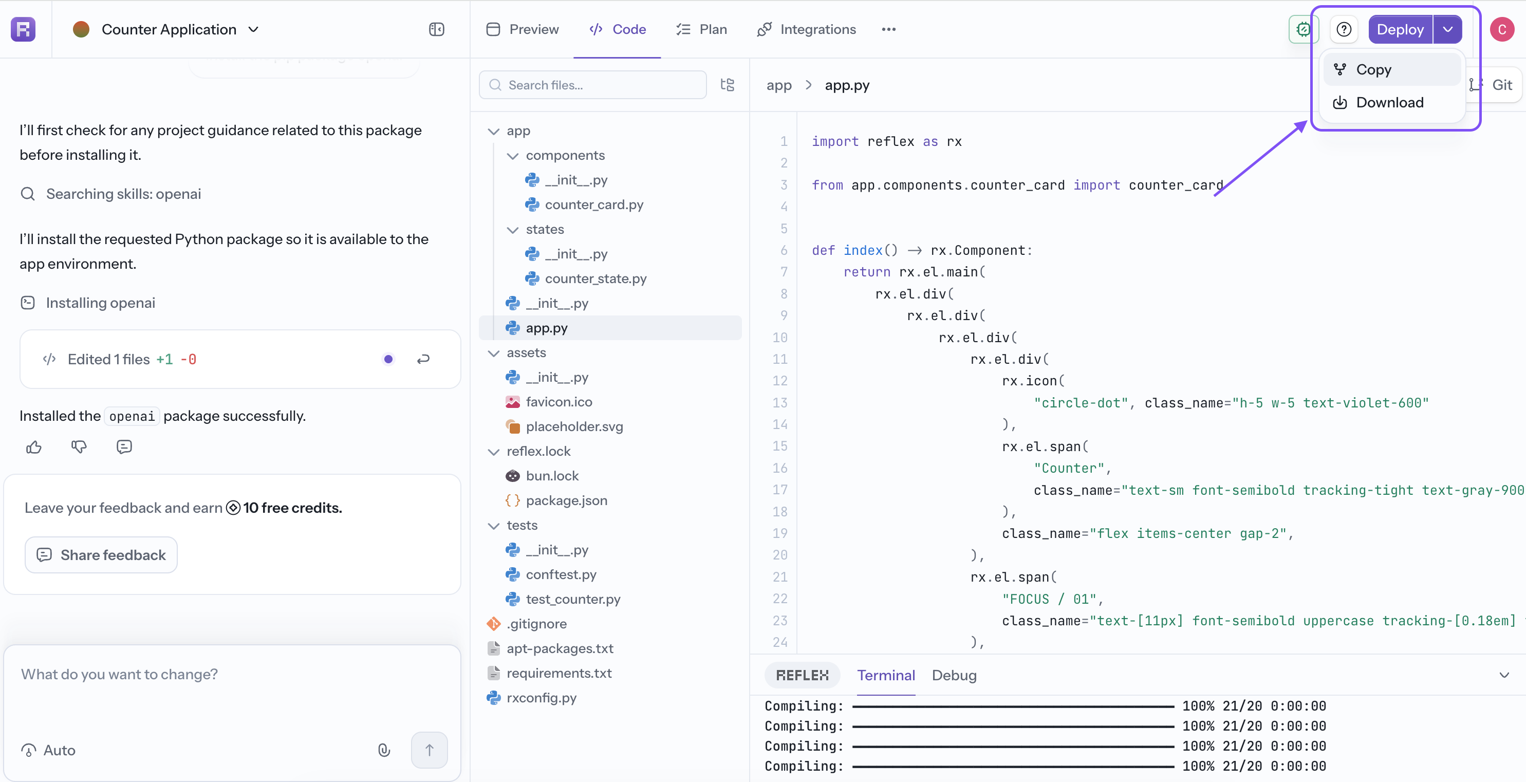 The Copy action in the menu next to Deploy