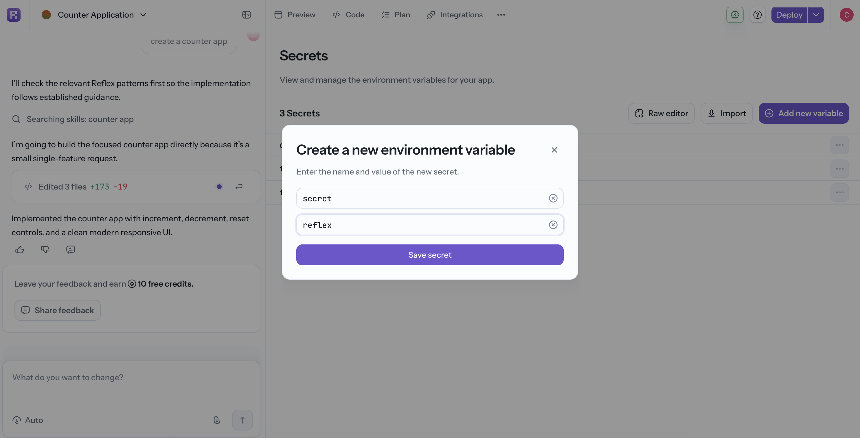Adding app secrets in Reflex Build