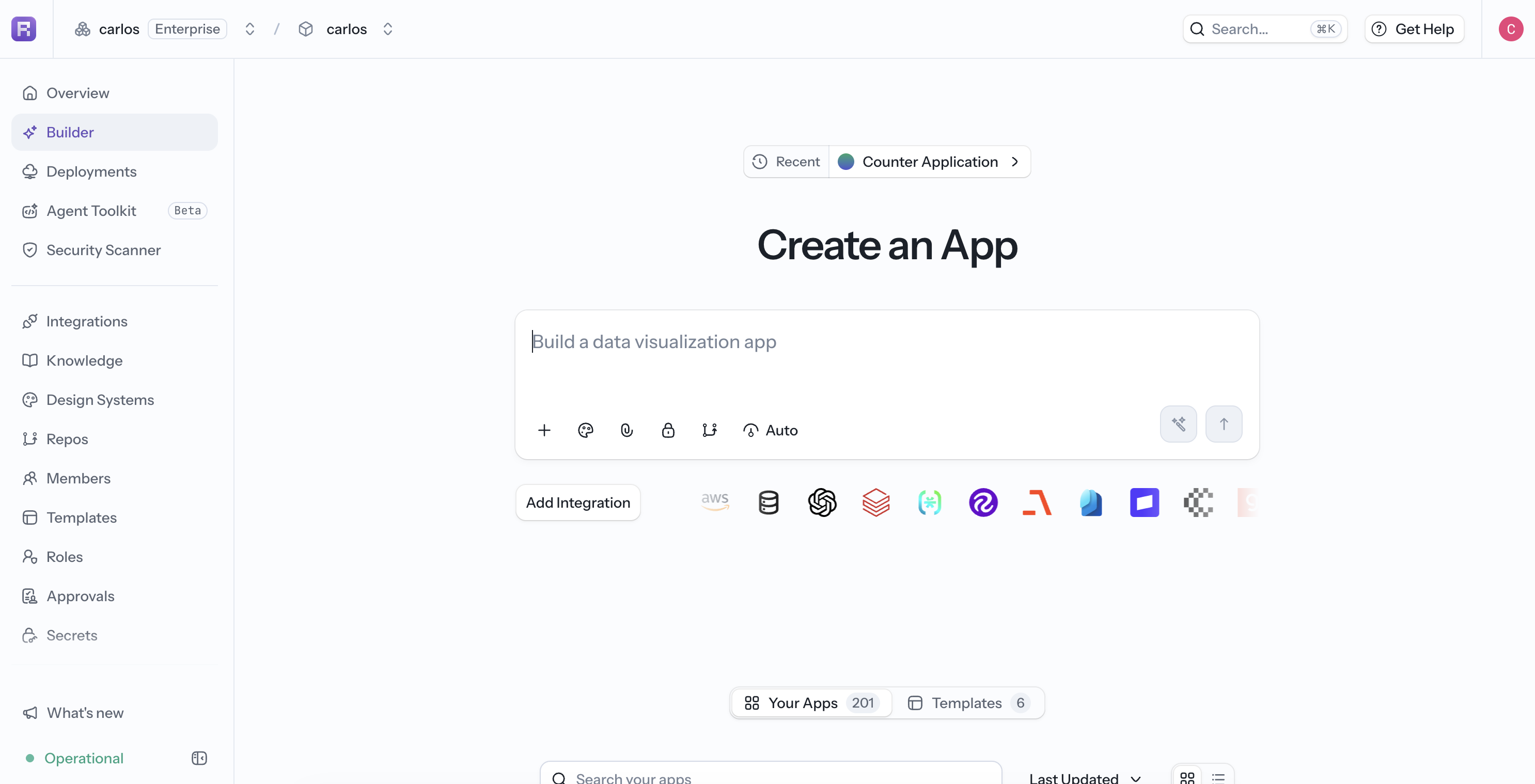 Reflex Build dashboard with the app creation prompt