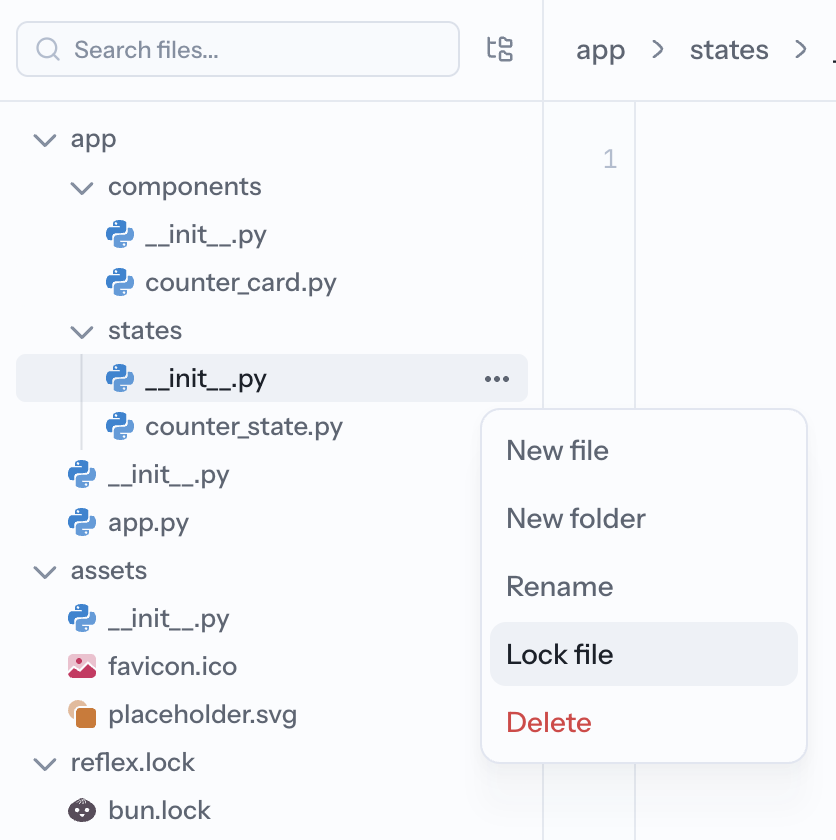 The Lock file action in the Code workspace file tree