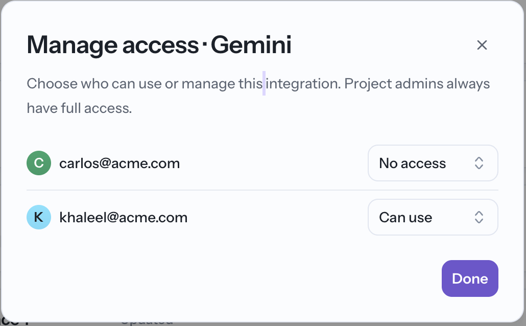 Member access controls for a configured integration
