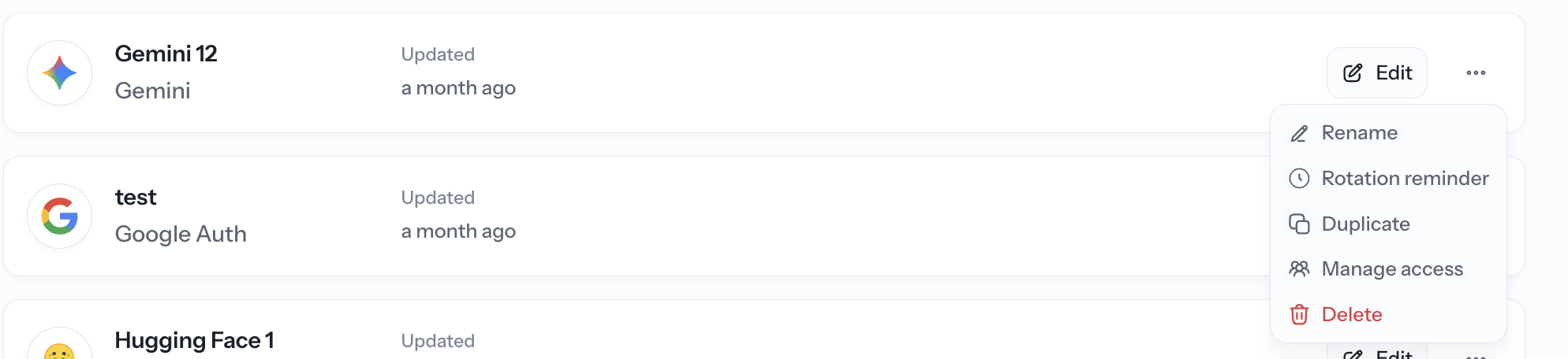Action menu for a configured project integration