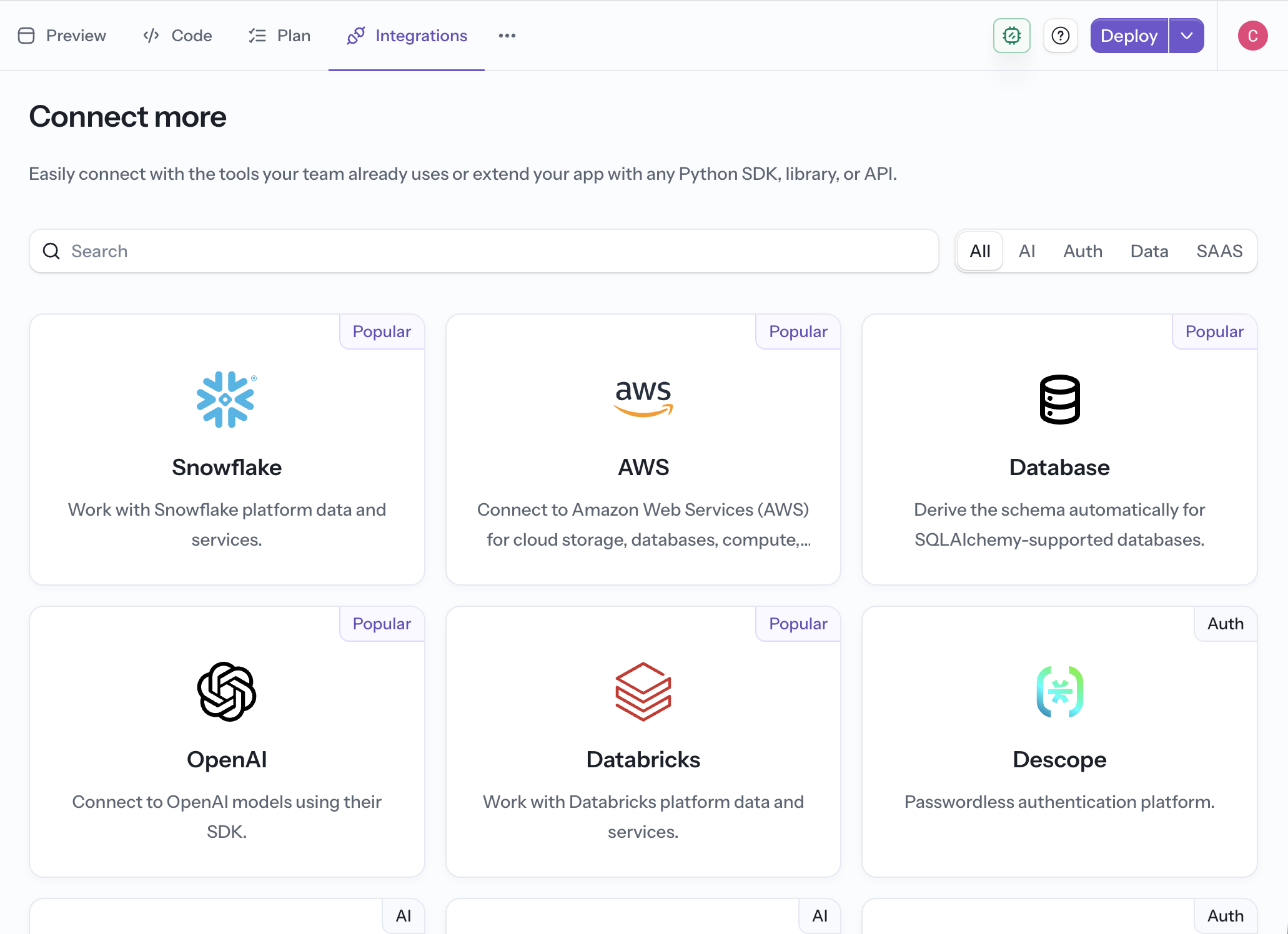 The searchable integrations gallery in Reflex Build