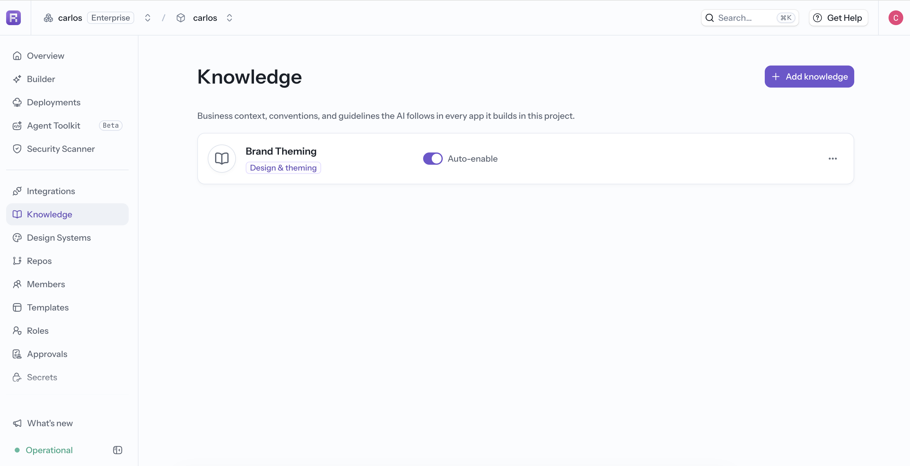 Project Knowledge entries and their automatic enablement state
