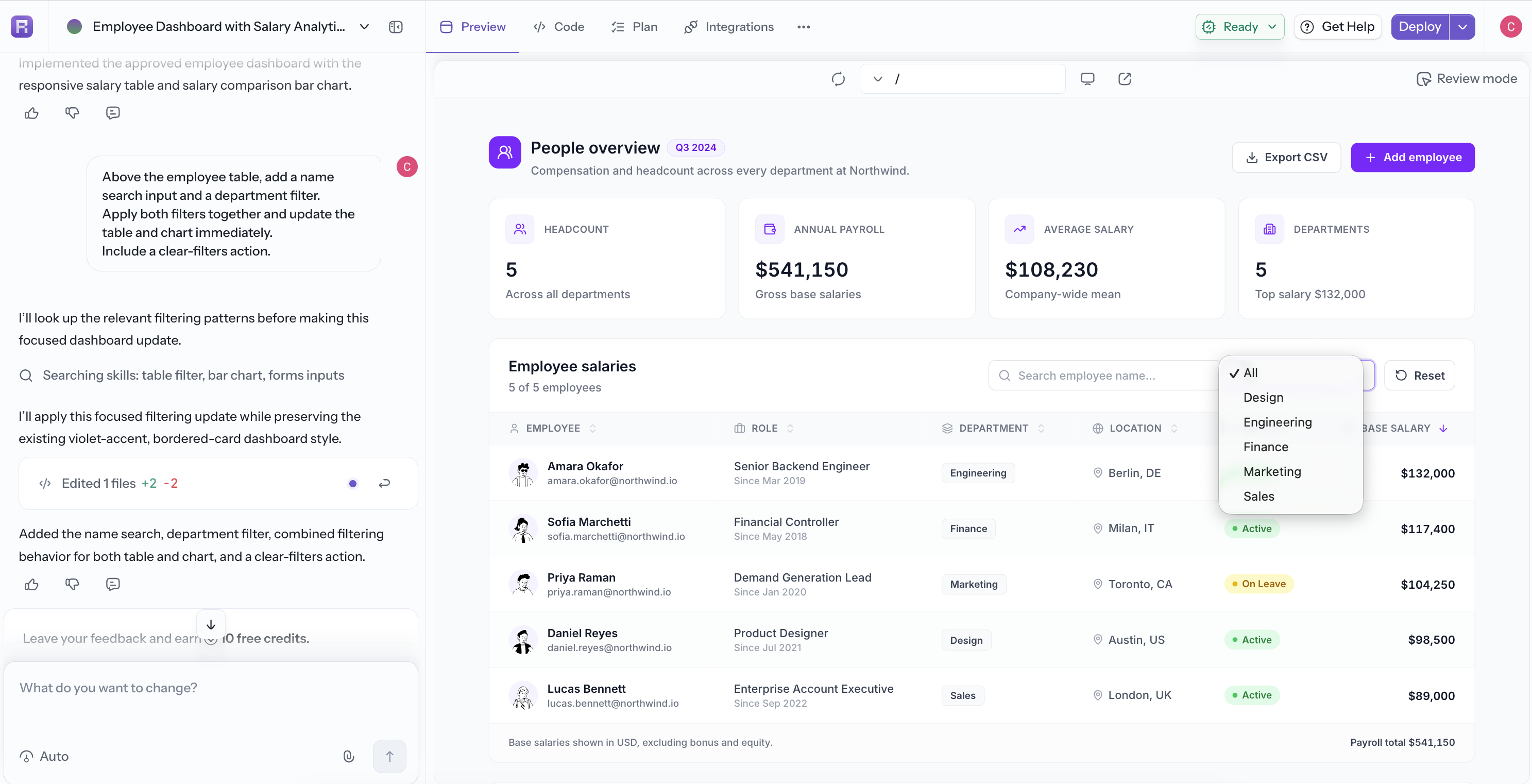The employee dashboard with its department filter open