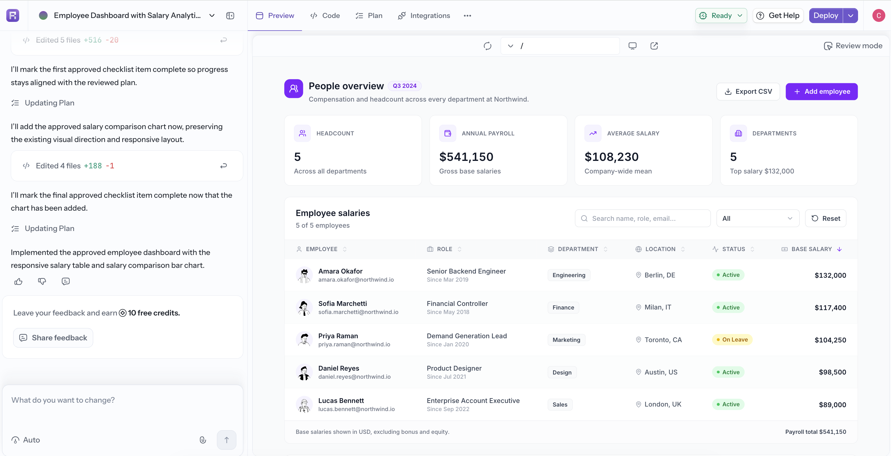 The first generated employee dashboard shown in Preview