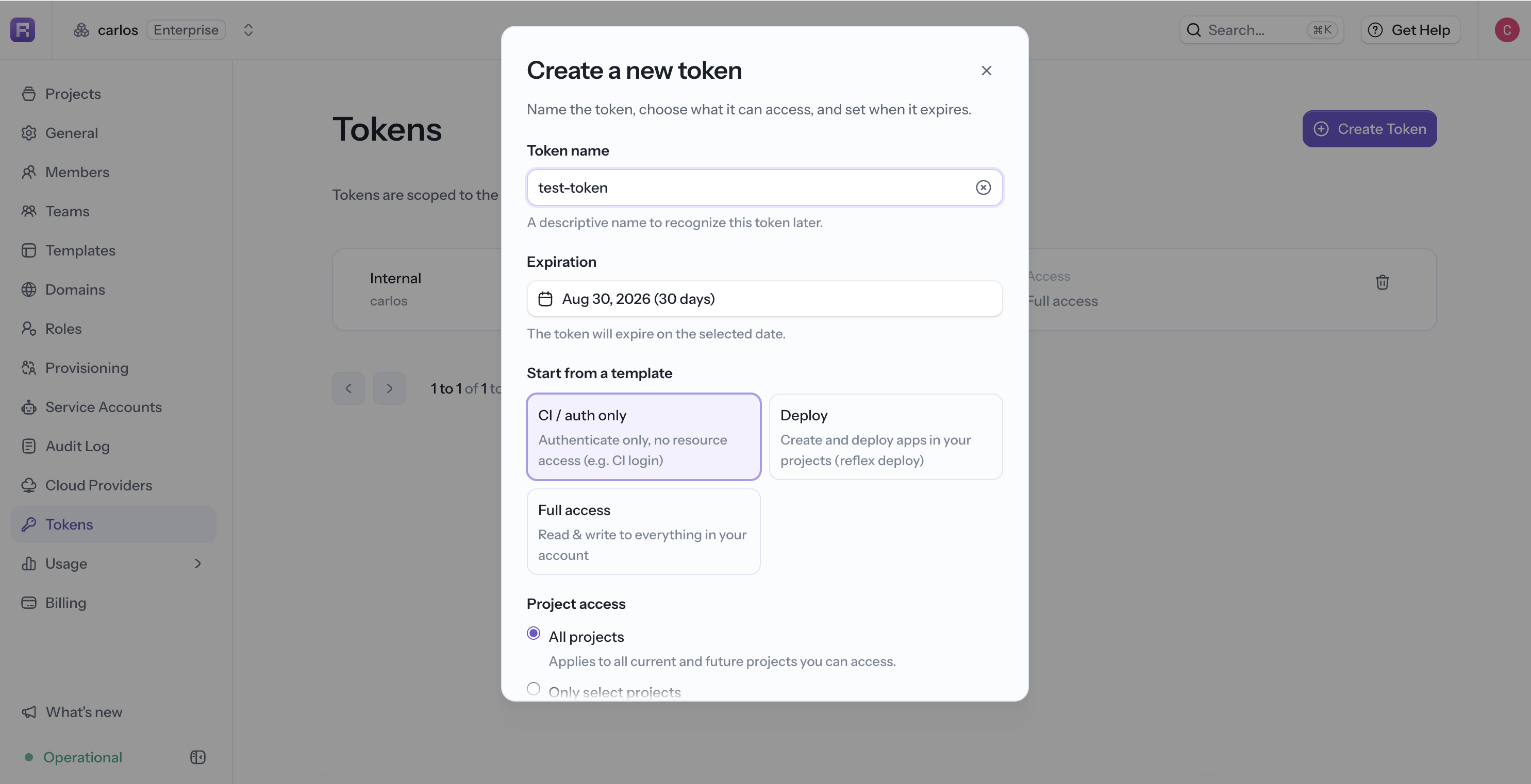 Creating a Reflex token with an expiration and access template